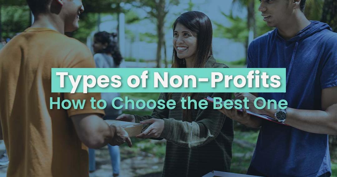 Young adults discussing outdoors with a presentation board titled "types of non-profits – how to choose the best one.