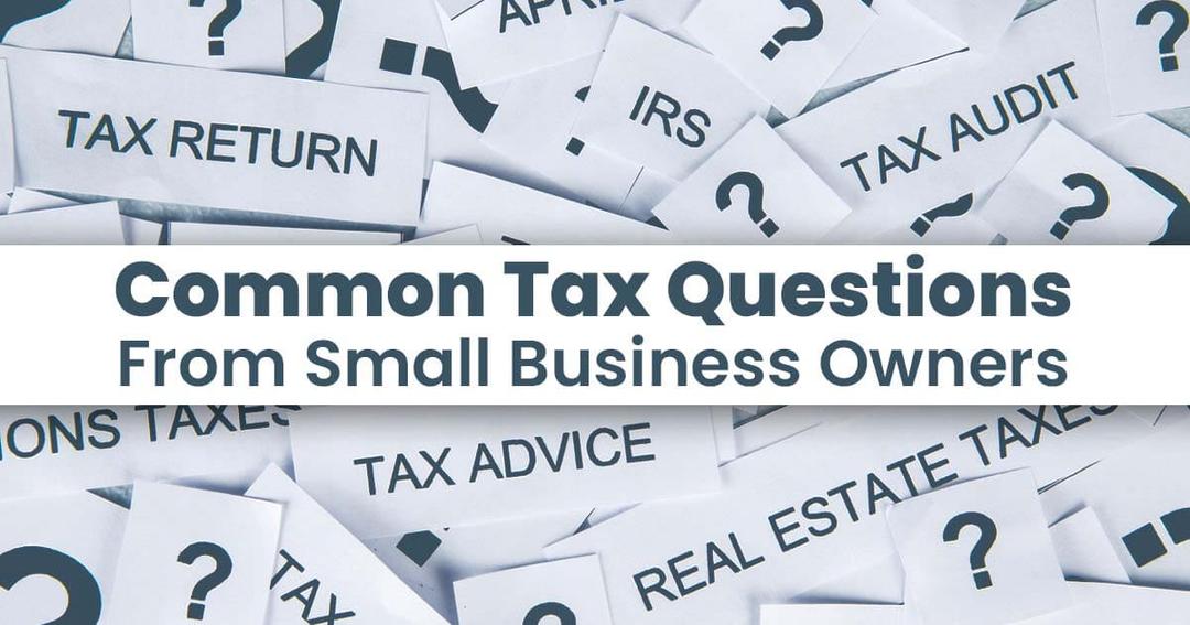 Text overlay reading "common tax questions from small business owners" on a background of scattered paper slips with tax-related terms.